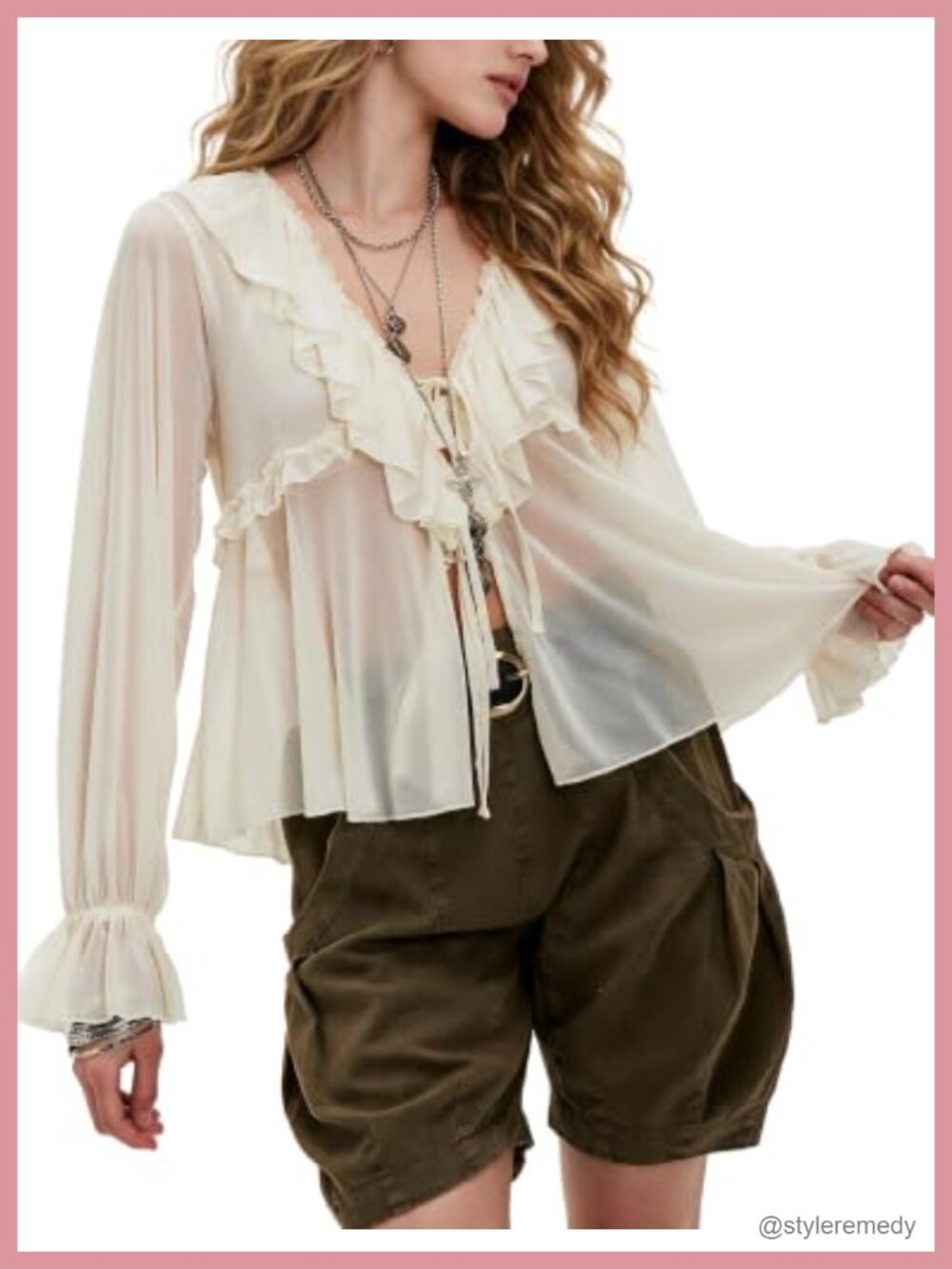 Chiffon Blouse Tie Front Bell Sleeve Peplum V Neck Boho Top